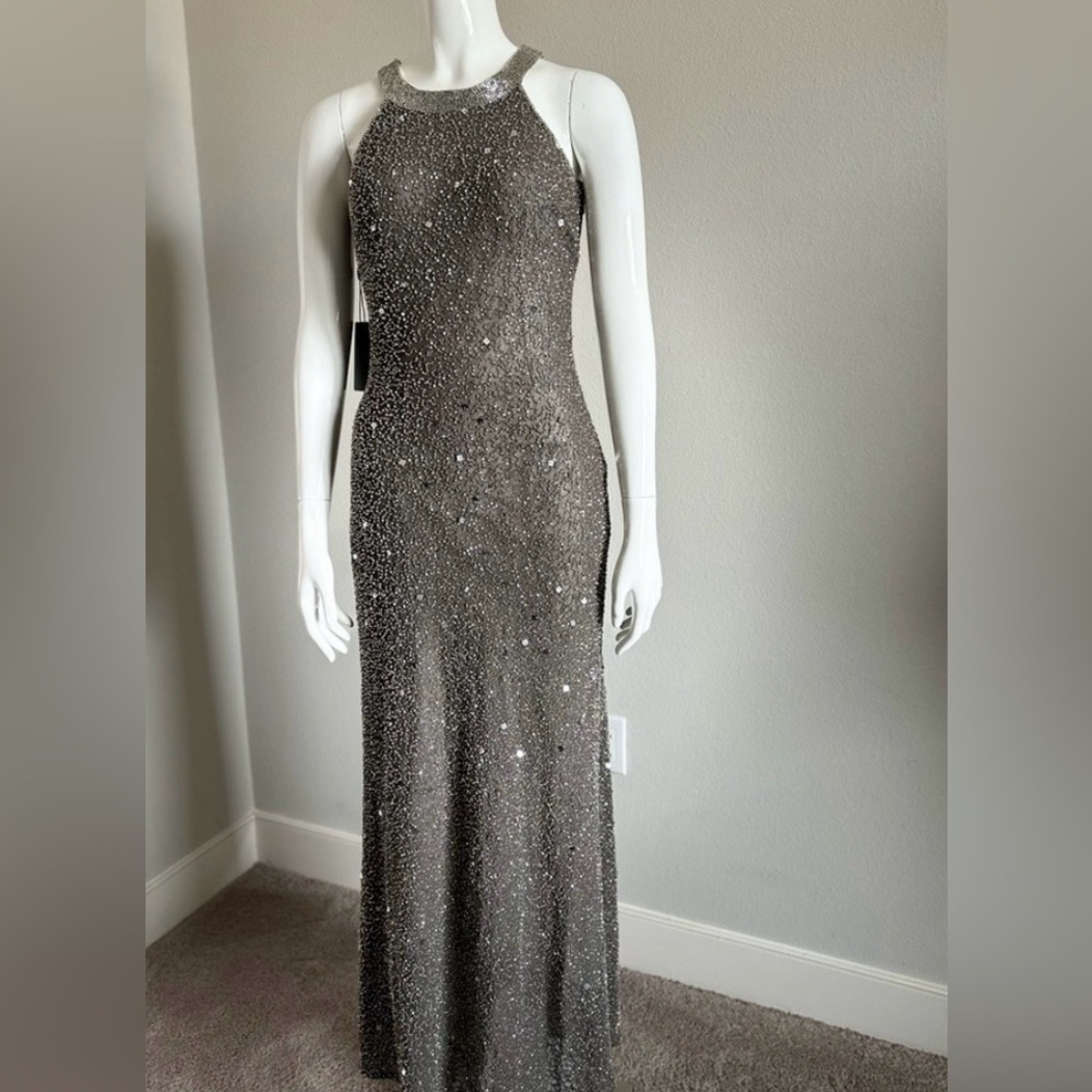 ADRIANNA PAPELL elegant party maxi beaded silver dress petite 4 - Picture 3 of 6